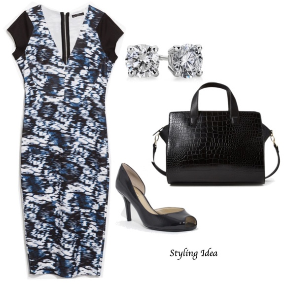 Zara Tube Sheath Dress - Blue & White Watercolor Print Size S - Picture 2 of 11